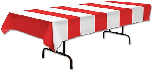 Miniatura 3 de Beistle Manteles de mesa de rayas rojas y blancas, 54 x 108 pulgadas, 3 piezas, mantel de plástico, decoraciones de fiesta temática de carnaval,