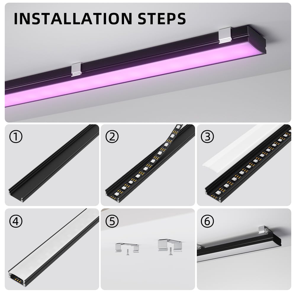 CUQI Czarny profil LED, 10 x 40 cm, profil aluminiowy z mleczną białą osłoną PC, zaślepkami i uchwytem montażowym do taśmy LED (10 szt.)