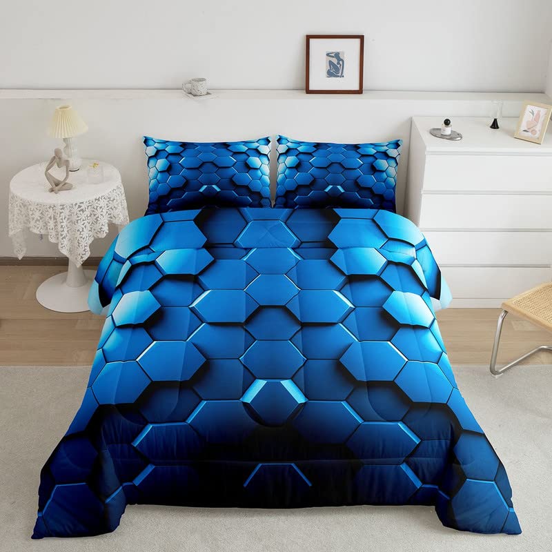 Blue Geometric Honeycomb Comforter Set for Girls Boys Geometry Hexagon Comforter Beehive Hexagon Bedding Set Geometrical Duvet Set Queen Size Quilt 3Pcs Boys
