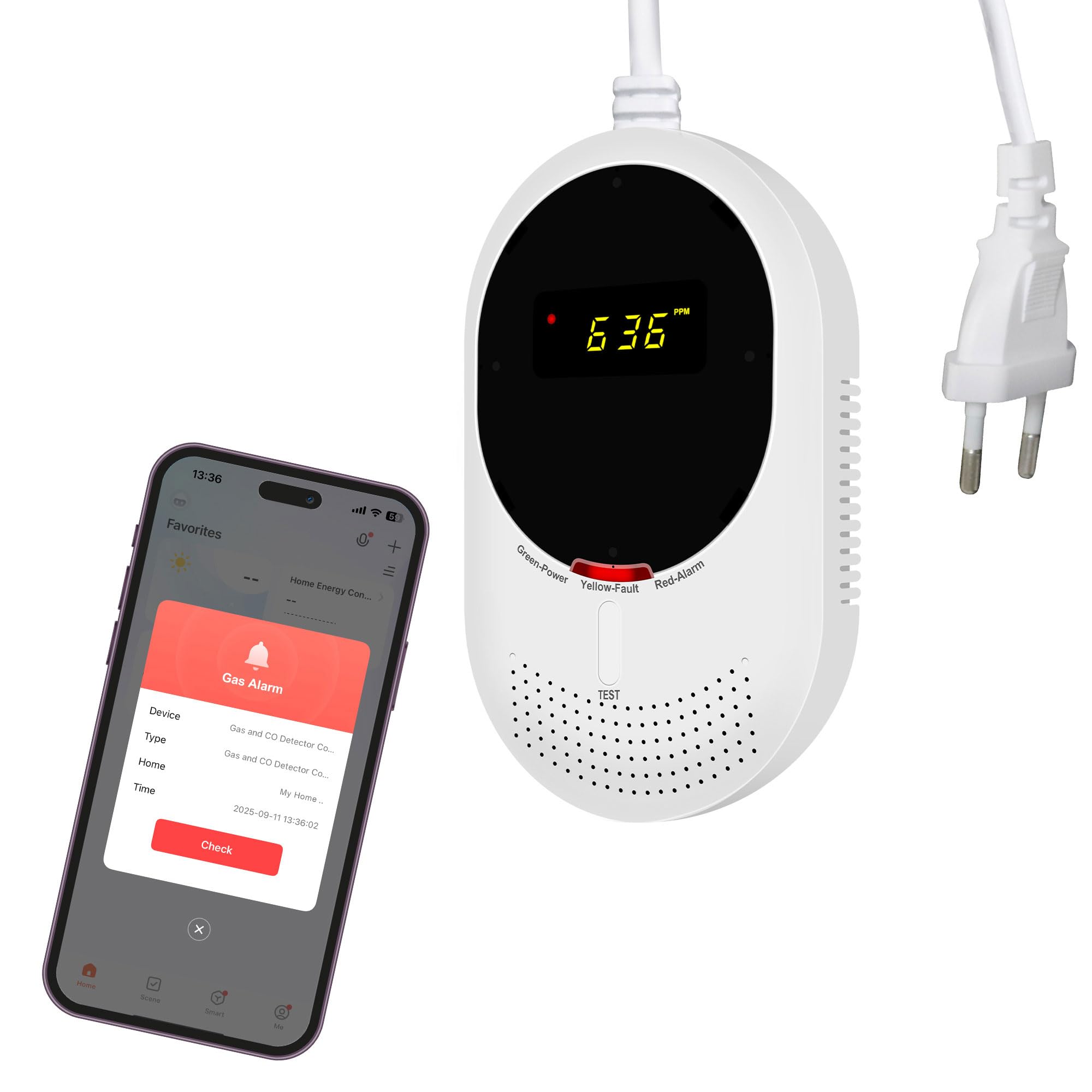 WiFi Detector de Gas y Monóxido de Carbono con Pantalla LCD, Monitoreo por App Smart Life, Certificado EN 50291 y EN 50194, Detector de Gas (Metano/Gas Natural y GLP) y CO, Pack de 1