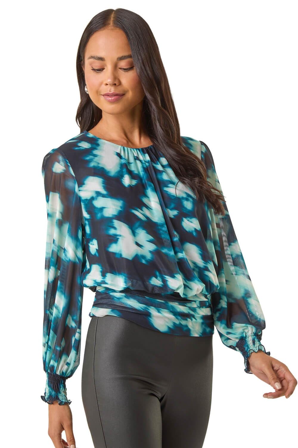 Roman Petite Mesh Blouson Top for Women UK - Ladies Everyday Autumn Winter Round Neckline Comfy Soft Evening Vacation Work Party Night Out - Petite Teal - Size 18