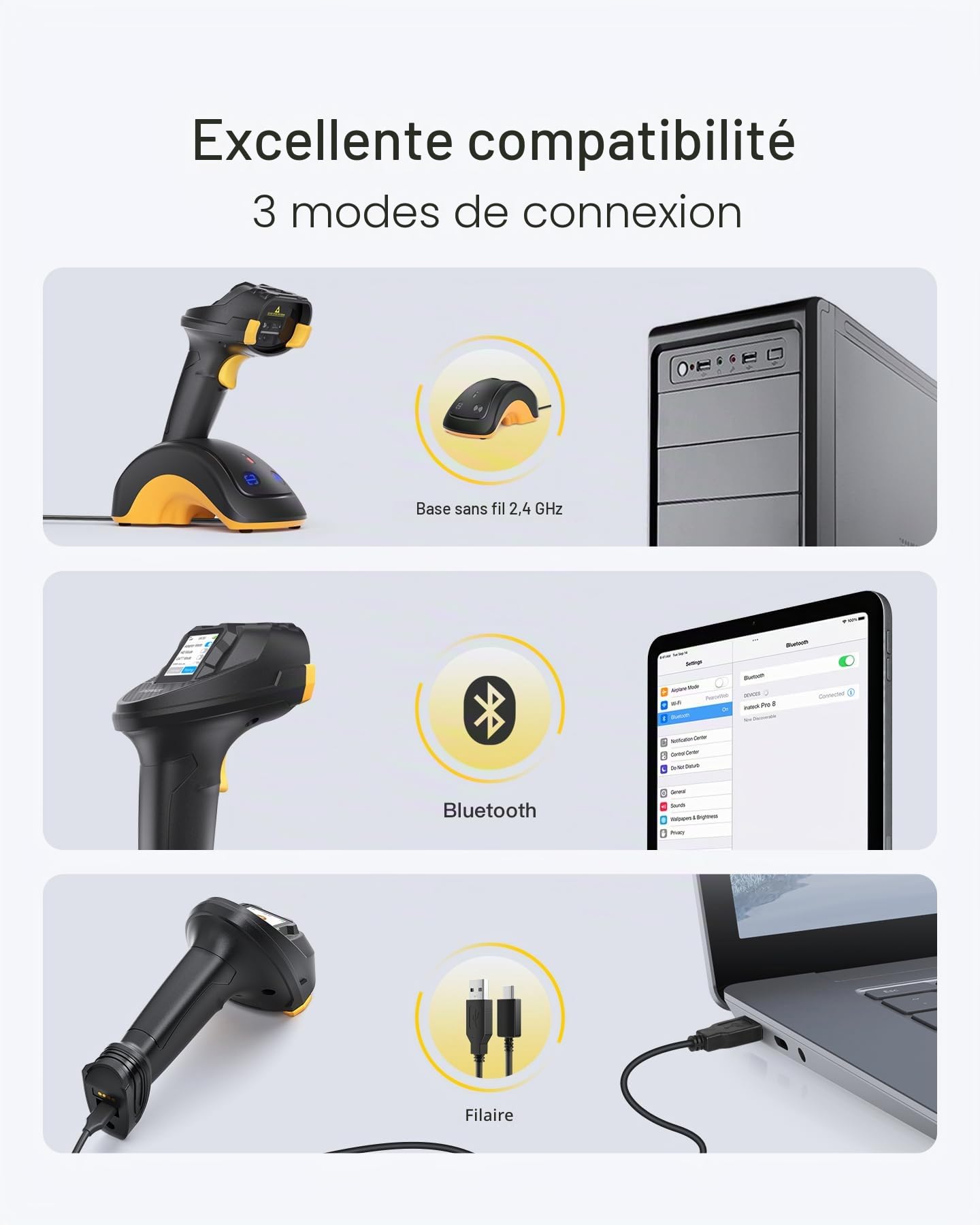 Inateck Scanner de Code-Barres Bluetooth, Scanner 2D 1D sans Fil, Scanner de Code QR, avec Écran Tactile et Base Intelligente, Modules Doubles CMOS+CCD, Supporte App SDK,Pro 8