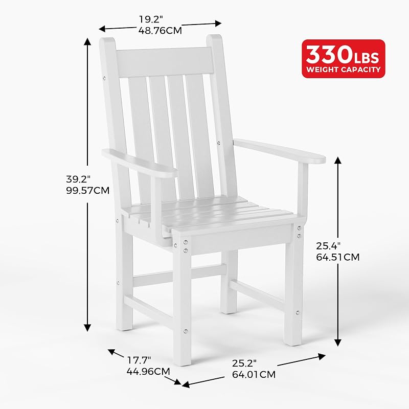 Costaelm Patio Dining Chairs, Plastic Outdoor Adirondack Chair with Arm, HDPE Poly Lumber, Waterproof Restaurant Bistro Dining Chair for Outside Porch Backyard Garden, White image 2
