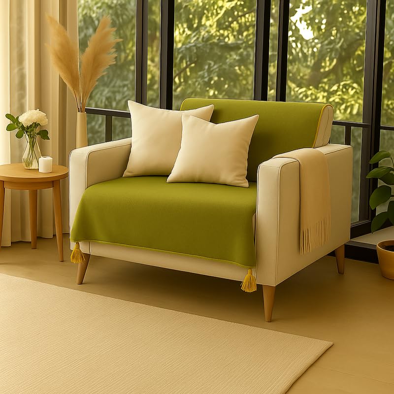 Image of WWW.THROWPILLOW.IN Olive Green Sofa Cover with Tassels for Single Seater |Recliner, Wing, Dining, Office Chair Throw |1-Piece Sofa Seat & Back Cover |Stylish Single Corner Tassels Sofa Throw