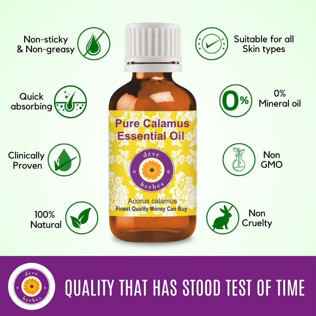 Deve Herbes Pure Calamus Essential Oil (Acorus calamus) distillato a vapore di grado terapeutico naturale al 100% 100ml (3.38 oz)