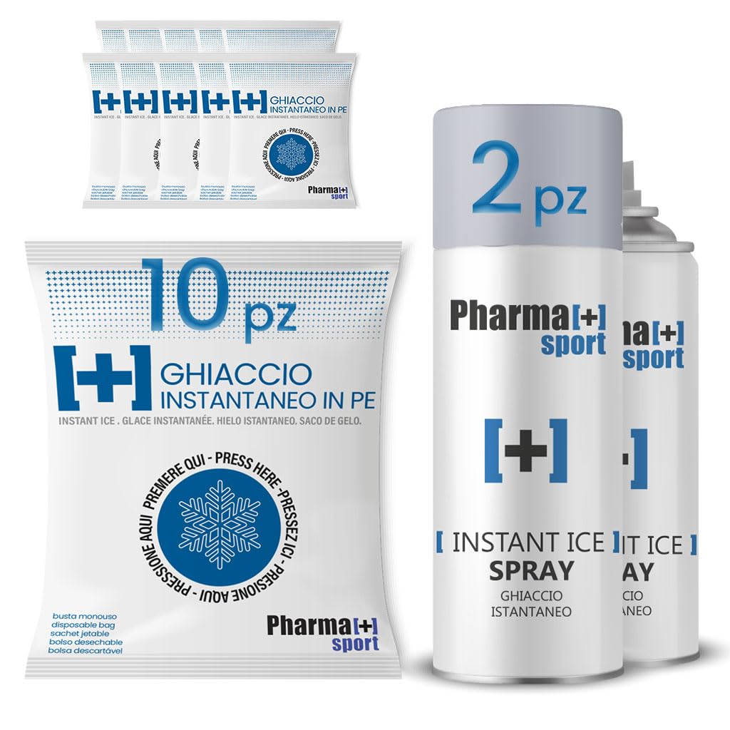 PHARMA+SPORT Kit Ghiaccio Sportivo 10+2 Ghiaccio Istantaneo Monouso + Ghiaccio Spray 400ml – Primo Soccorso per Traumi, Distorsioni, Contusioni – Made in Italy