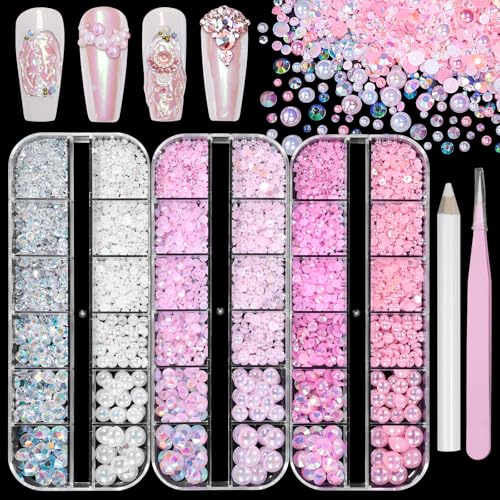 3 Boxes Rhinestones and Pearl for Crafting, Mixed Sizes 2-8mm Flatback Jelly Resin Rhinestones and Pearls Gems for Bedazzling, Shiny Pink White Crystals Gems for Crafts Clothing Nails Makeup
