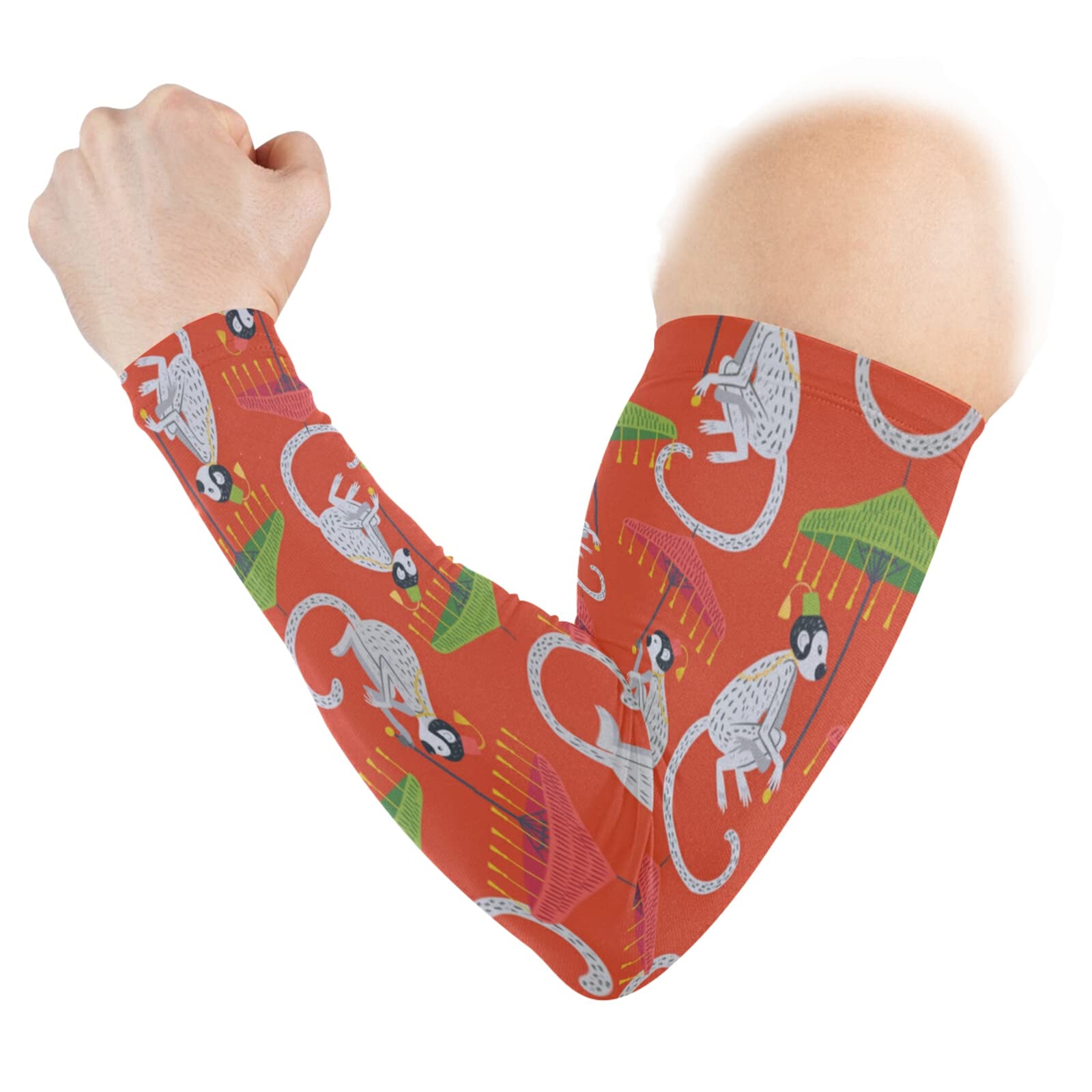 Seamless Vintage White Monkeys with Green Umbrella on Red 1 Pair Cooling Sports Arm Sleeves, Cover Uv Sun Protection Warmer for Sports Men Women Running Golf Cycling Riding Jogging