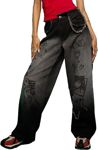 The Souled Store Baggy Denim: Cosmic Queen Women and Girls Buttoned Grey Print and Embellished Cotton Baggy Fit Jeans