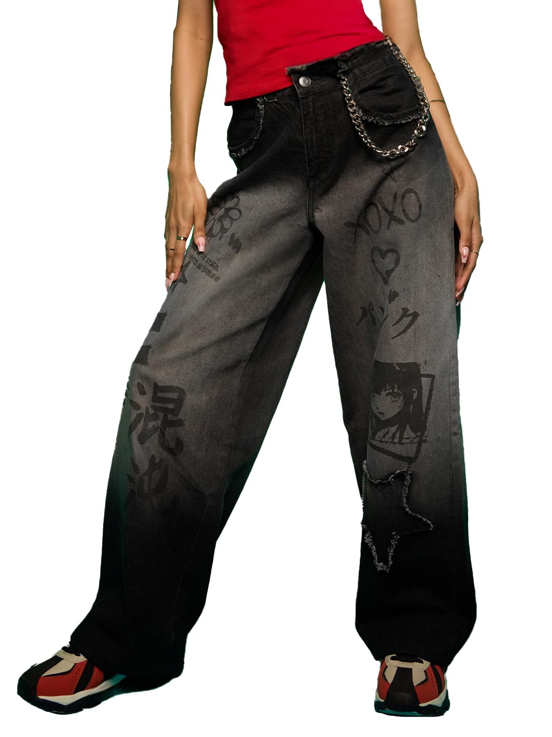 the souled store Baggy Denim: Cosmic Queen Women and Girls Buttoned Grey Print and Embellished Cotton Baggy Fit Jeans-picture-50