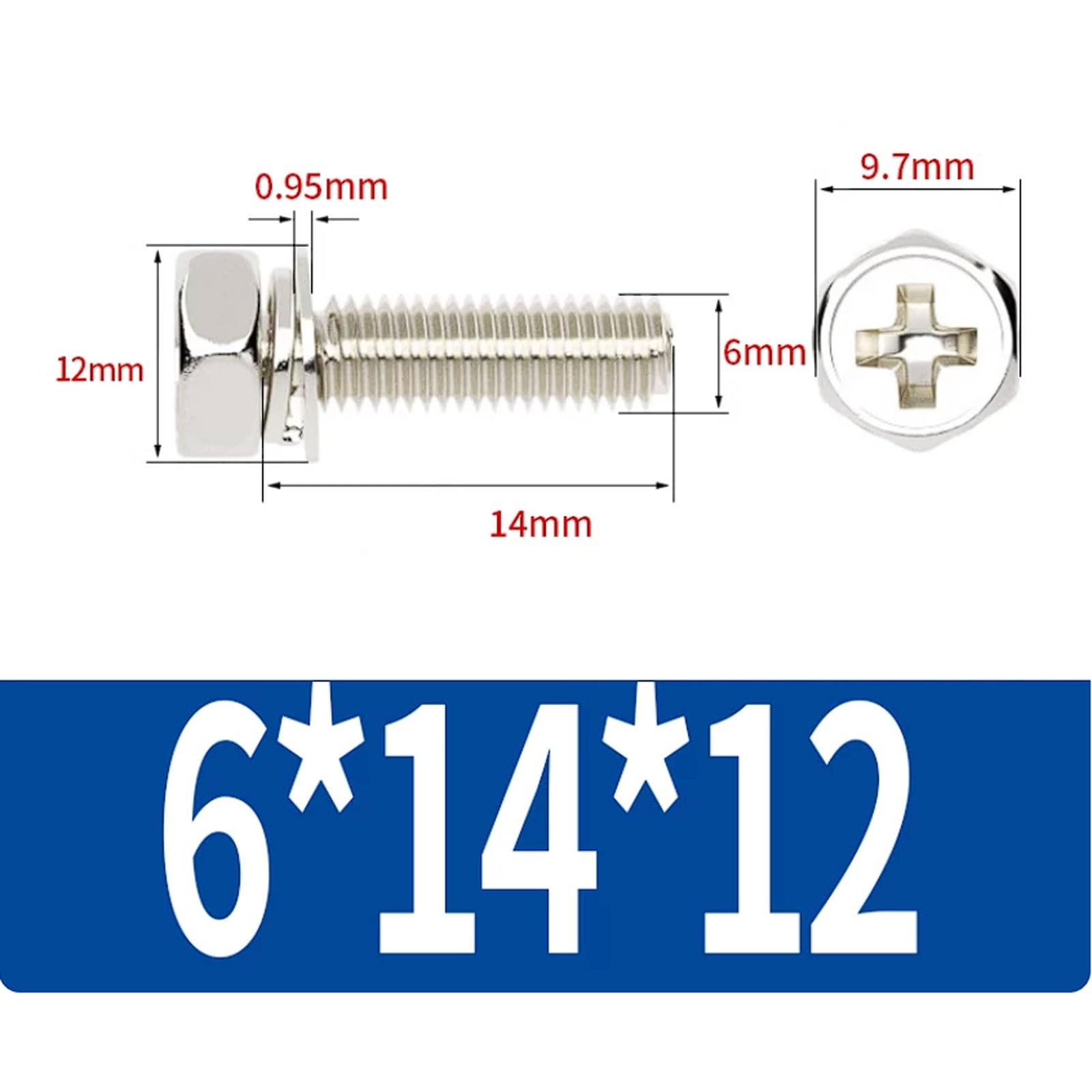 Pernos combinados de tres piezas con cabeza hexagonal cruzada M6 niquelados, 200 tornillos hexagonales cruzados premontados(M6*14 * 12 [200 pieces])