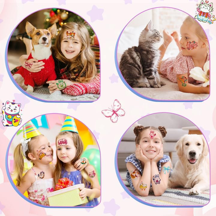 Miniatura 6 de Konsait 50 hojas de tatuajes de anime, tatuajes de gato de estilo mixto de dibujos animados, envueltos individualmente, tatuajes temporales de gato