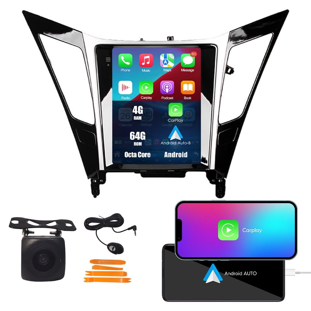 Kunfine Tesla Style Car CarPlay Android Auto Navigation Stereo GPS Radio Camera 9.7" IPS Touchscreen Headunit Tablet Media Player for Hyundai Sonata 10-14（Standard）, if Applicable Octa Core 4G+64G B