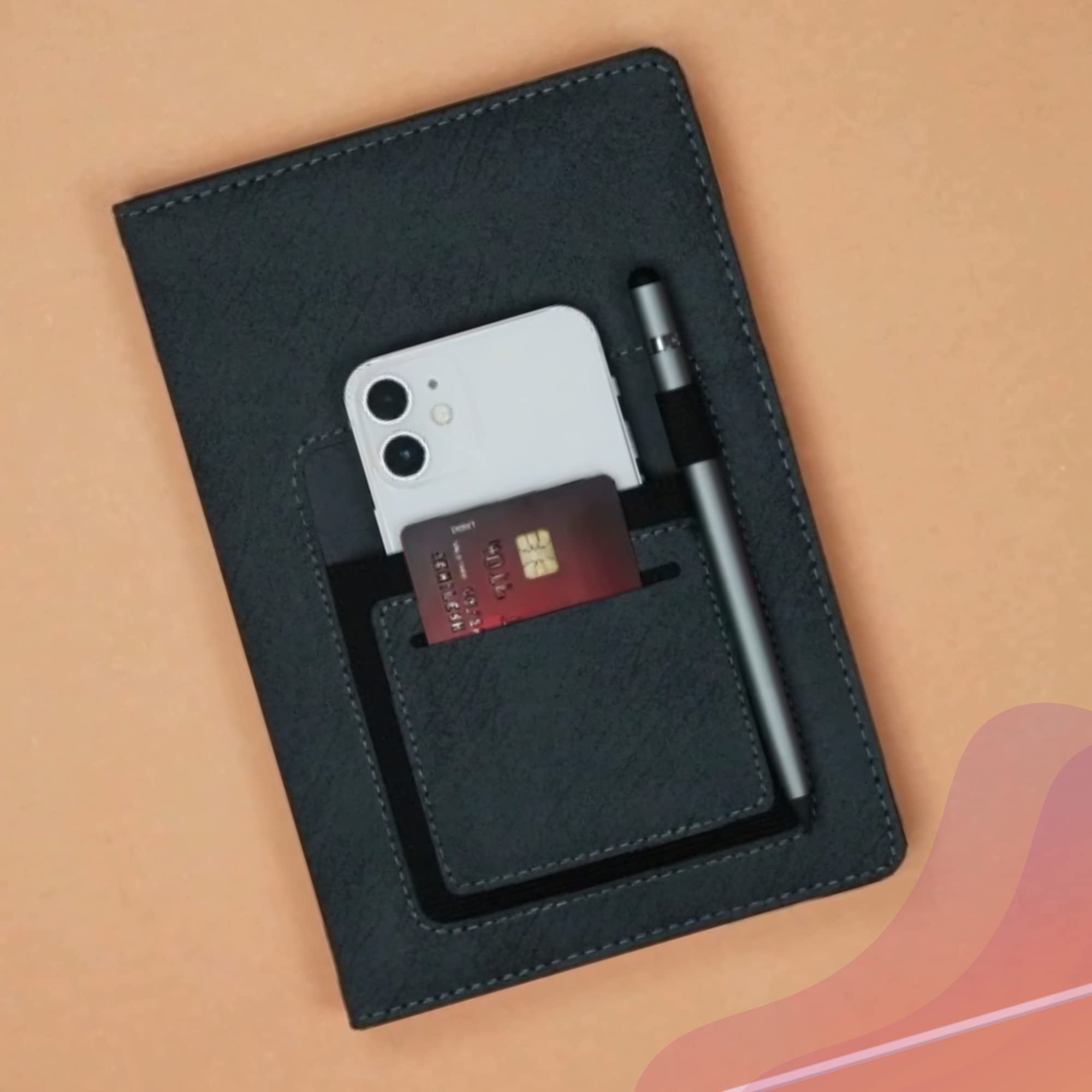 Present Mart Leather Hard Bound Notebook A5 Journal Diary For Office Use With Mobile & Card Holder Or Pen Loop Dairy For Personal |Ruled Pages With Strap Bookmark Journal Notebook (B92) 200 Pages