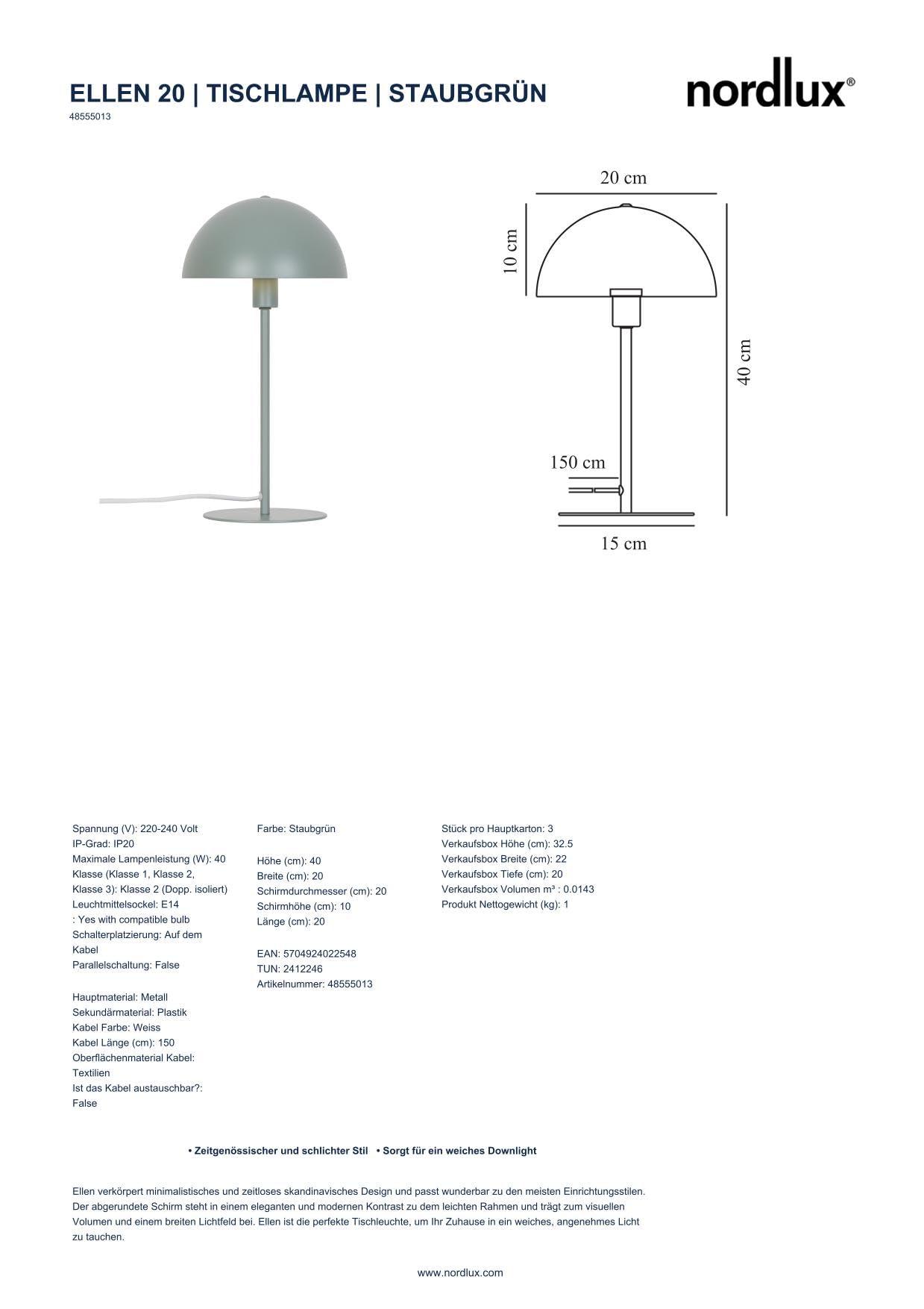 Nordlux Ellen Tischleuchte – Moderne Tischlampe in Staubgrün, E14 Fassung, 40 cm hoch, 150 cm Textilkabel, IP20 – für Wohnzimmer, Schlafzimmer & Büro