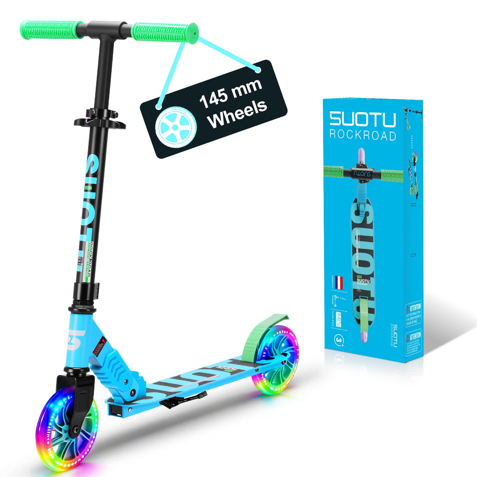 SUOTU Patinete Niño con Grandes Ruedas Iluminadas de 145 mm, Carga Máxima: 100 kg, Scooter para Niños de 3 a 12 Años, Plegable, Volante Ajustable Altura, Aluminio