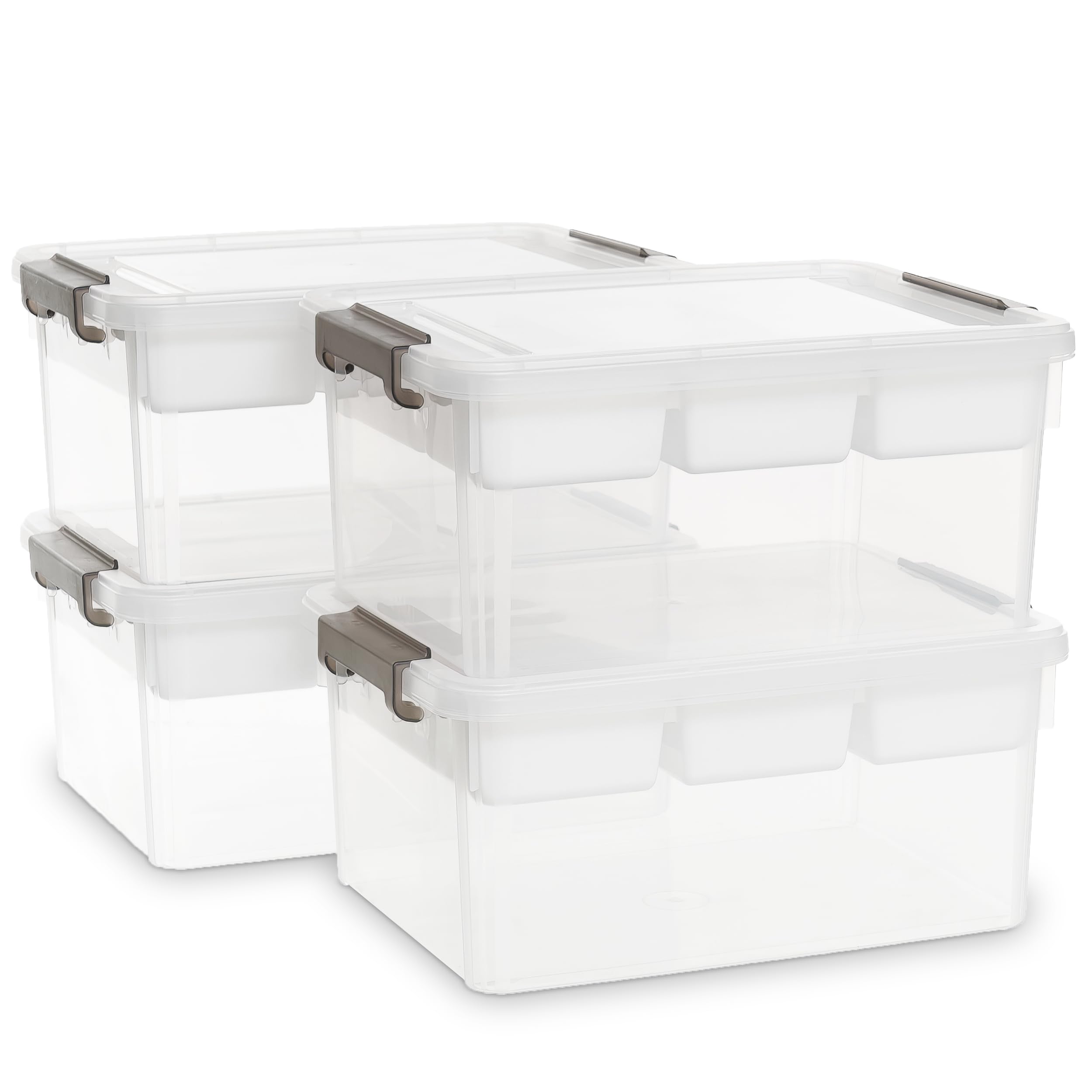 Citylife Lot de 4 Boîte de rangement avec couvercle, 16L Boîte à jouets, Transparent, Clips de Fermeture, 5 compartiments, Idéal pour trier les blocs, les jouets et les petits objets