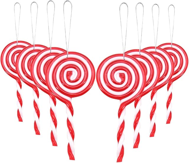 Homo Trends 8Pcs Christmas Lollipop Ornament, Acrylic Red and White Candy Cane Christmas Tree Hanging Ornament Swirl Lollipop Mould Decoration for Home Party