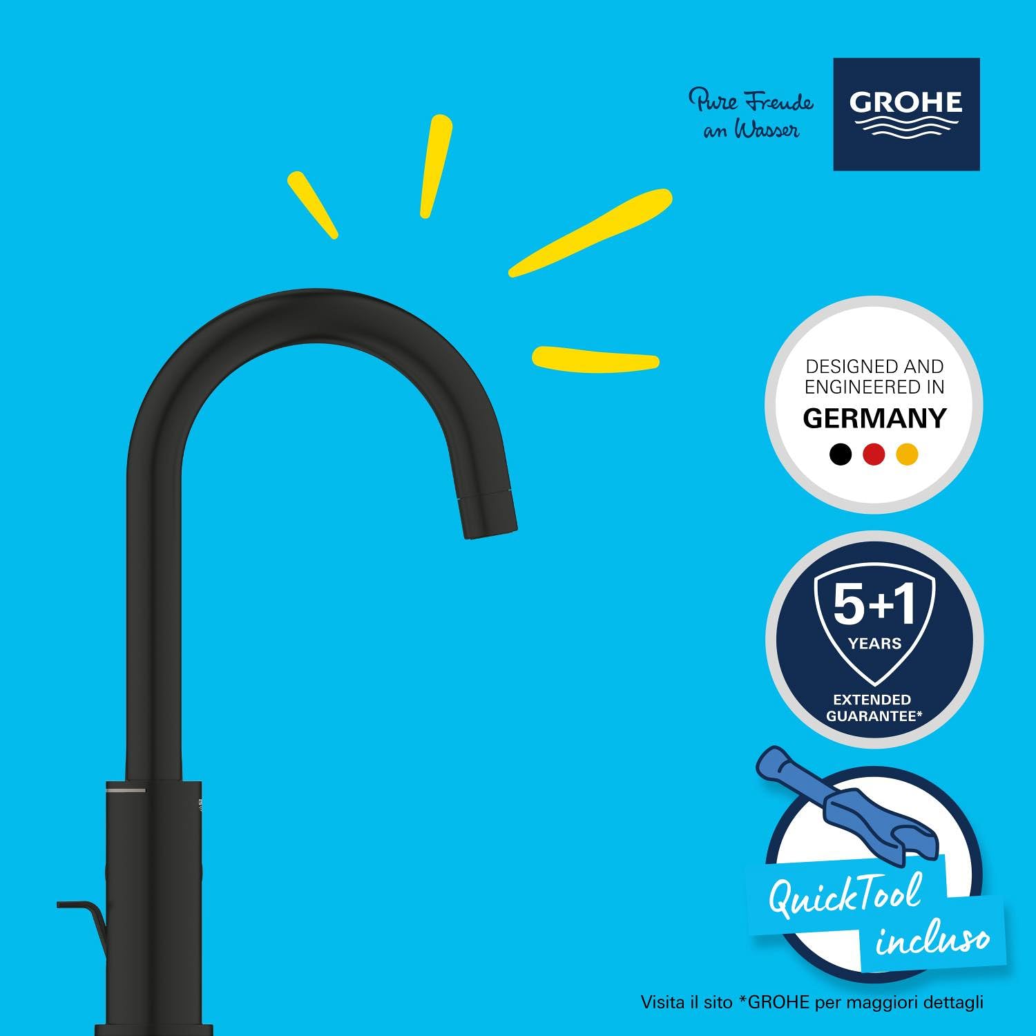 Grohe QuickFix Start - Rubinetto Miscelatore da lavabo, con sistema di scarico, installazione rapida, nero opaco 242032432