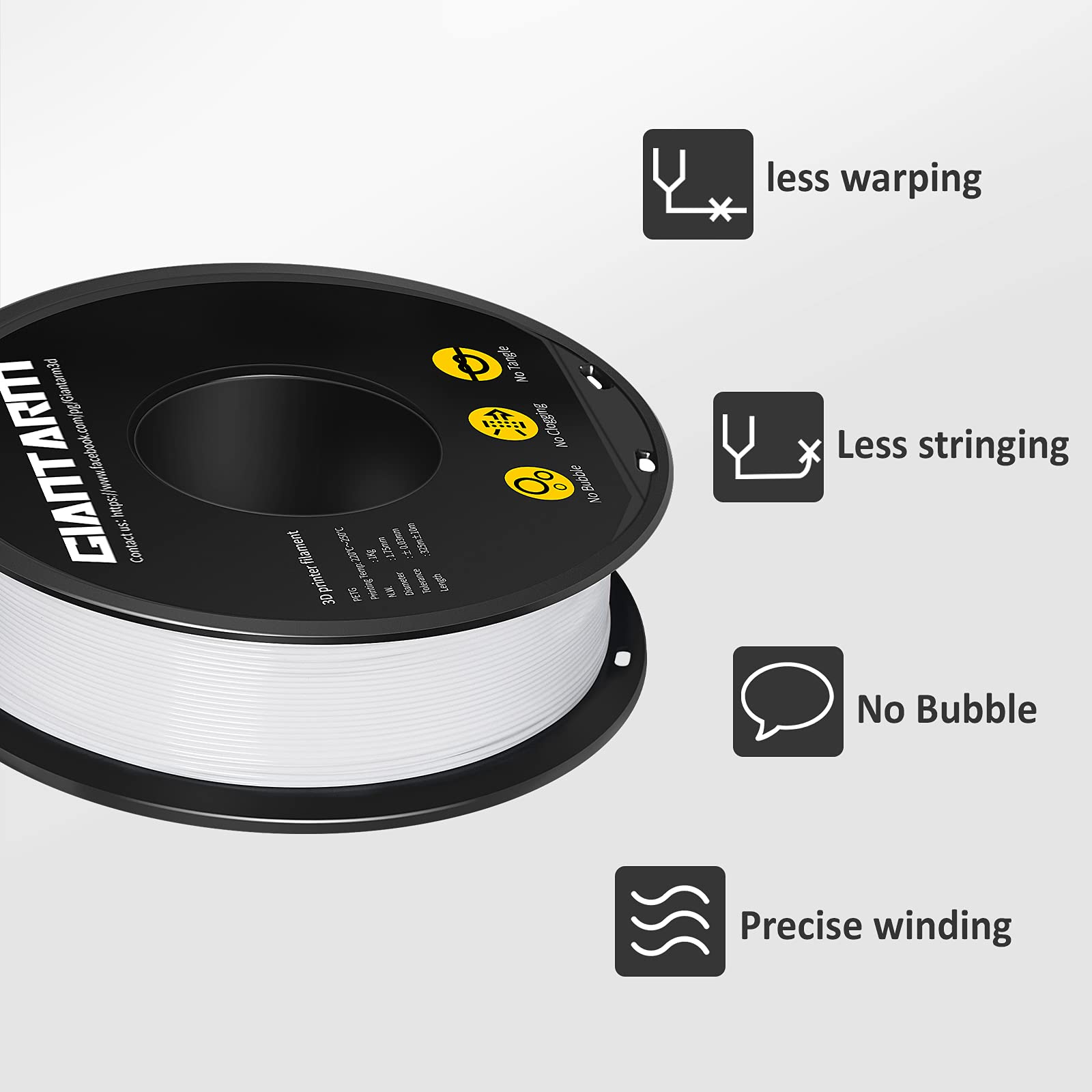 PETG Filament per Stampante 3D, GIANTARM PETG Filament 1,75mm, Dimensional Accuracy +/- 0,2mm 1kg, Bianco