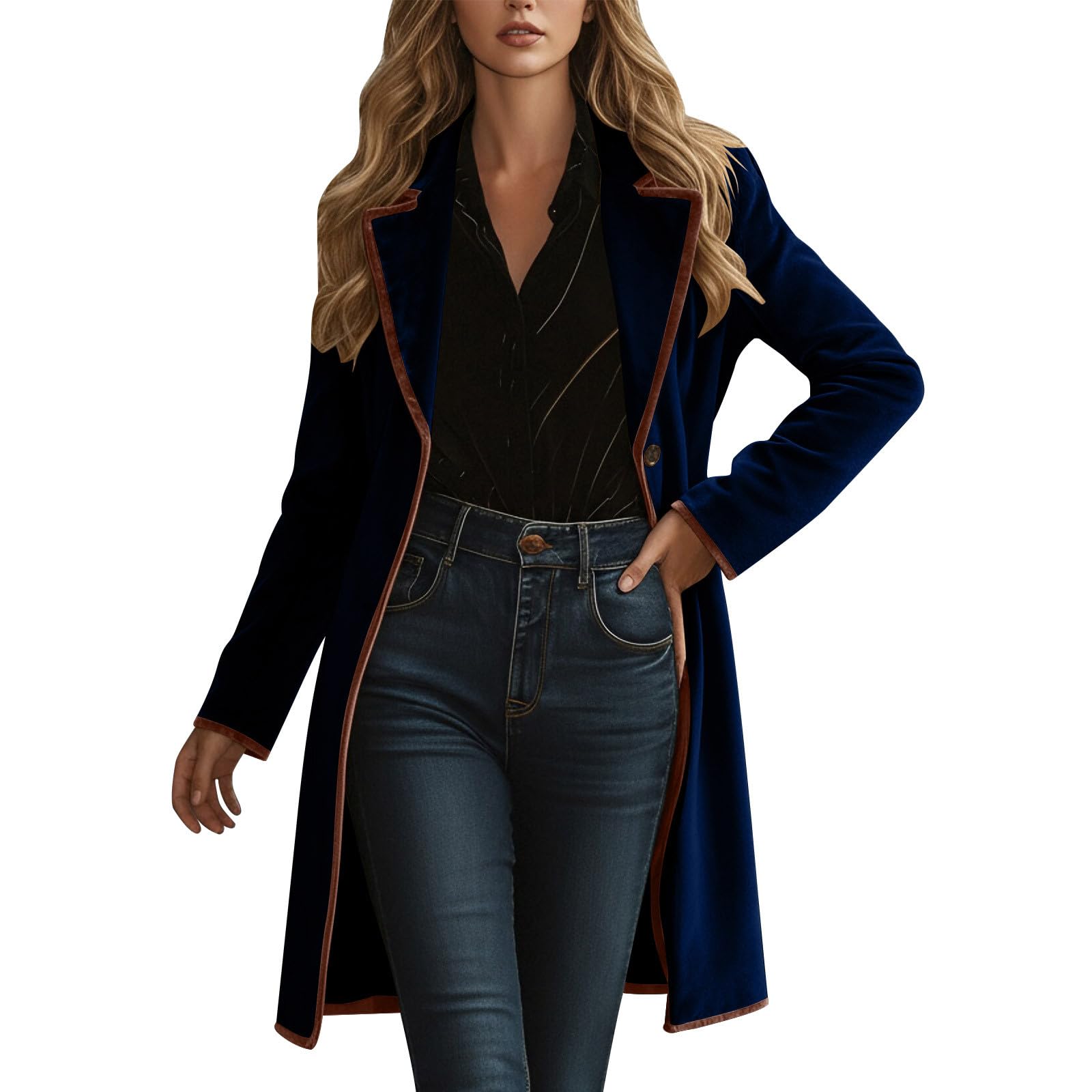 Womens Velvet Suit Blazer Jacket Casual Office Work Long Sleeve Button Down Long Jacket Coat Blazer With Pockets