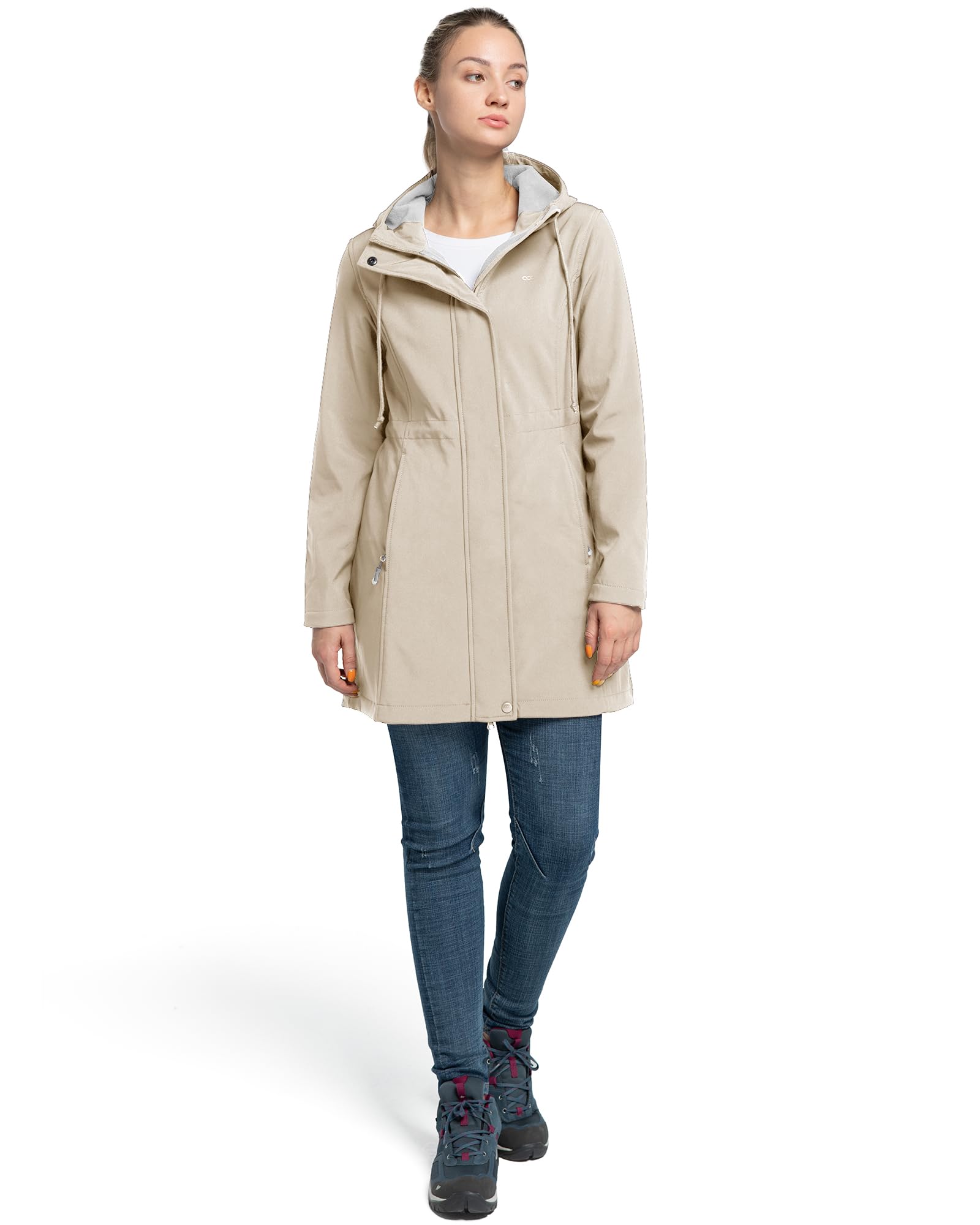 33,000ft Damen Leichte Wasserdichte Softshell Regenjacke Lange Funktionsjacke Übergangsjacke Windjacke Atmungsaktive Regenparka mit Kapuze Regenmantel für Wandern Laufen Sporten
