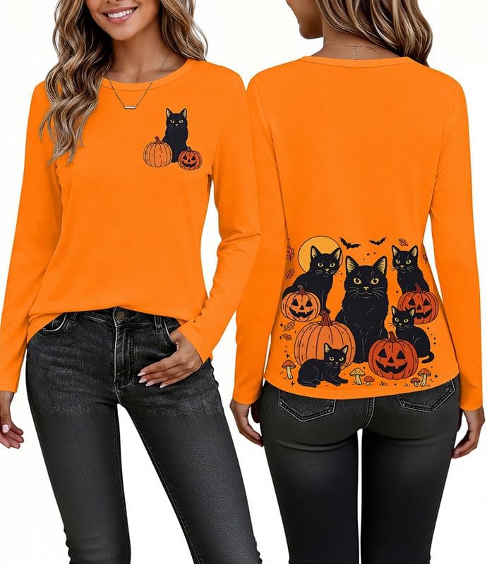 Halloween Shirt Women Spooky Season Long Sleeve Tee Pumpkin Pullover Top