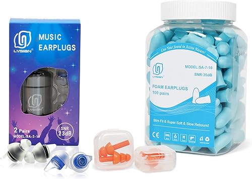 Tapones para los oídos de espuma de tamaño delgado, 100 pares y tapones para los oídos de concierto de alta fidelidad, 2 pares
