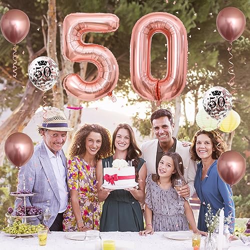 Image of Rose Gold 50th Birthday Balloons & Decorations - Metallic Foil Number 50 & Confetti Balloons, 40 Inch Latex