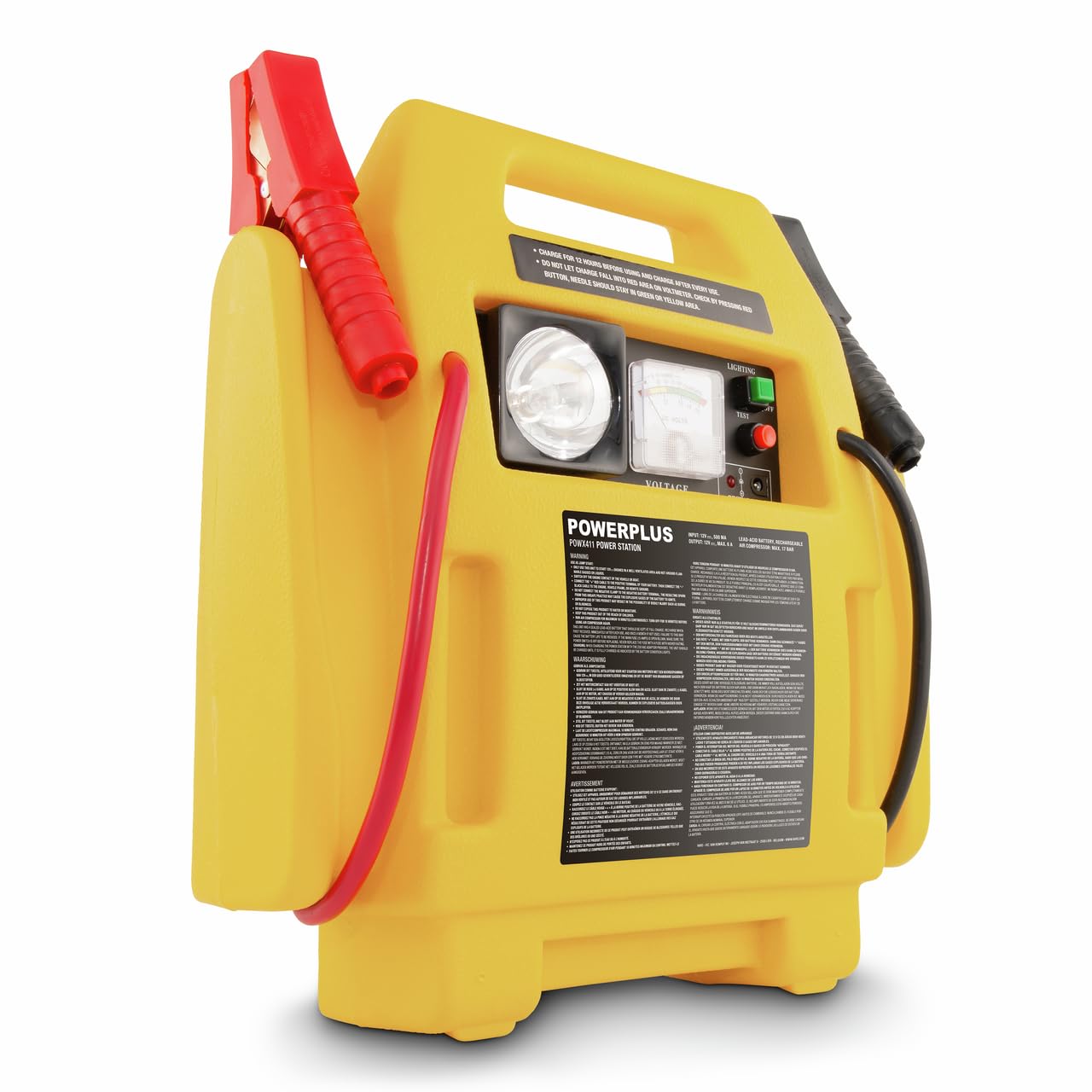 Powerplus Powerstation 4 in 1 POWX411 - Kit di soccorso per auto, diesel, moto, 1600 cc, alimentazione 7000 mAh, compressore da 17 bar, luce da 3,6 W