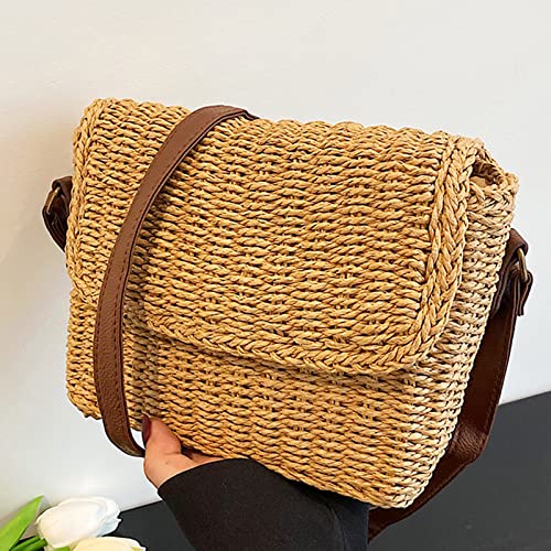 Straw Bag, Beach Bag for Women, Handwoven square Handbag, Adjustable Leather Shoulder Strap Crossbody Bag Suitable for Beach, Travel, Daily Matching(Khaki)4