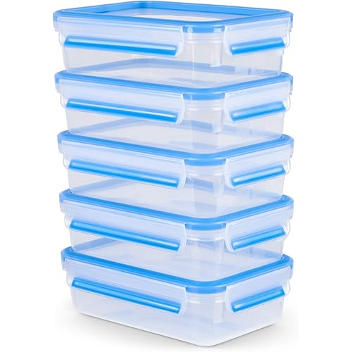 Tefal Meal Prep Containers Set, Masterseal Fresh 5-Piece Plastic Food Storage Container Set, 5x0.8L, 100% Leak-Proof, Hygienic Clip Lids, Dishwasher & Microwave-Safe, Frost-Resistant, N1030710