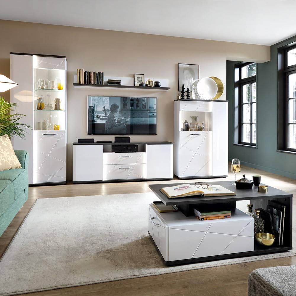 Lomadox Wohnwand Wohnmöbel Set weiß 5-teilig Modern, 1 Vitrine, 1 Wandboard, 1 Lowboard, 1 Highboard, 1 Couchtisch inkl. Beleuchtung