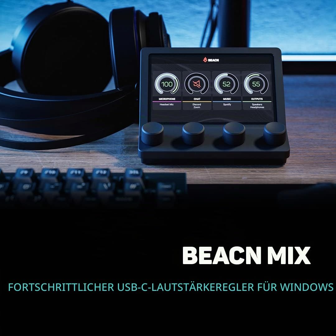 BEACN Mix USB C Audio Controller | Windows Audio Mixer for PC Gaming or Work | 4-Channel Audio Control with 5" Full-Color Display & Precision Knobs | Drag-and-Drop Customization (Dark)