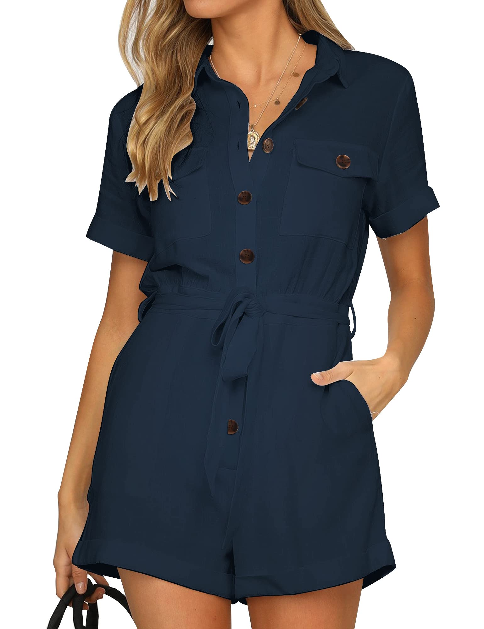 Roskiky Mujer Verano Bolsillos Cinturón Mameluco Botón Manga Corta Mono Playsuit