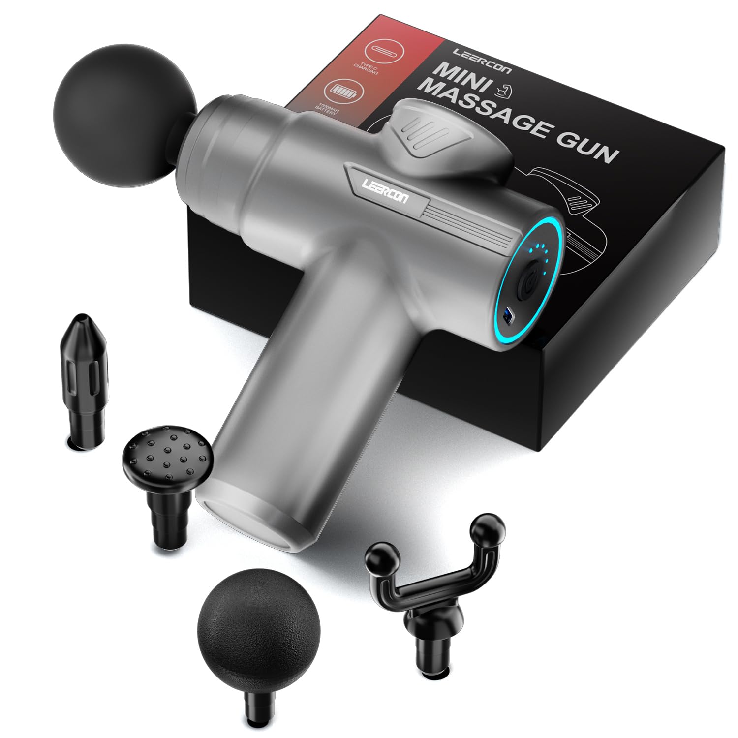 LEERCON Mini Massage Gun, Deep Tissue Relief, 6 Speeds, 4 Heads, Portable for Travel, Office & Home, Gift for Men & Women (Gray)