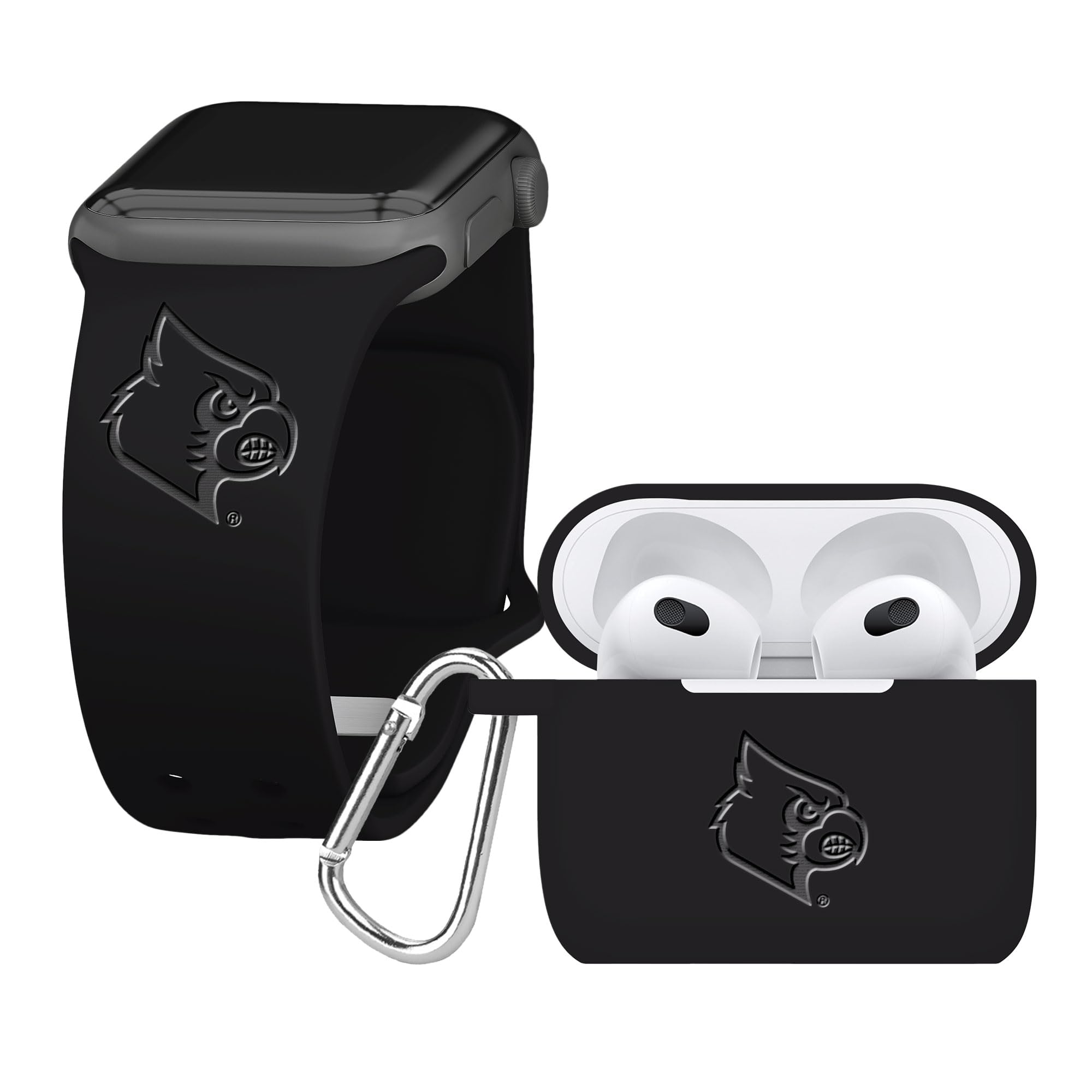 Affinity Bands Louisville Cardinals Engraved Silicone Combo Package Compatible with Apple Watch and AirPods Gen 3 (42/44/45mm Black)
