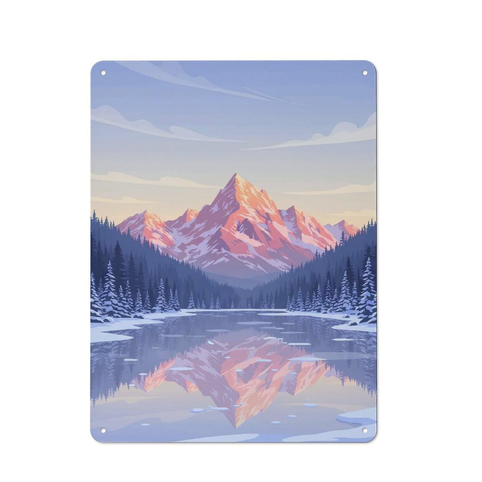 Junmoney Style-12 Vintage Winter Mountain Lake Reflection Landscape Metal Plaque 40X30cm, Diner Style Decor For Bakery, Diner, Cafe Or Family Room