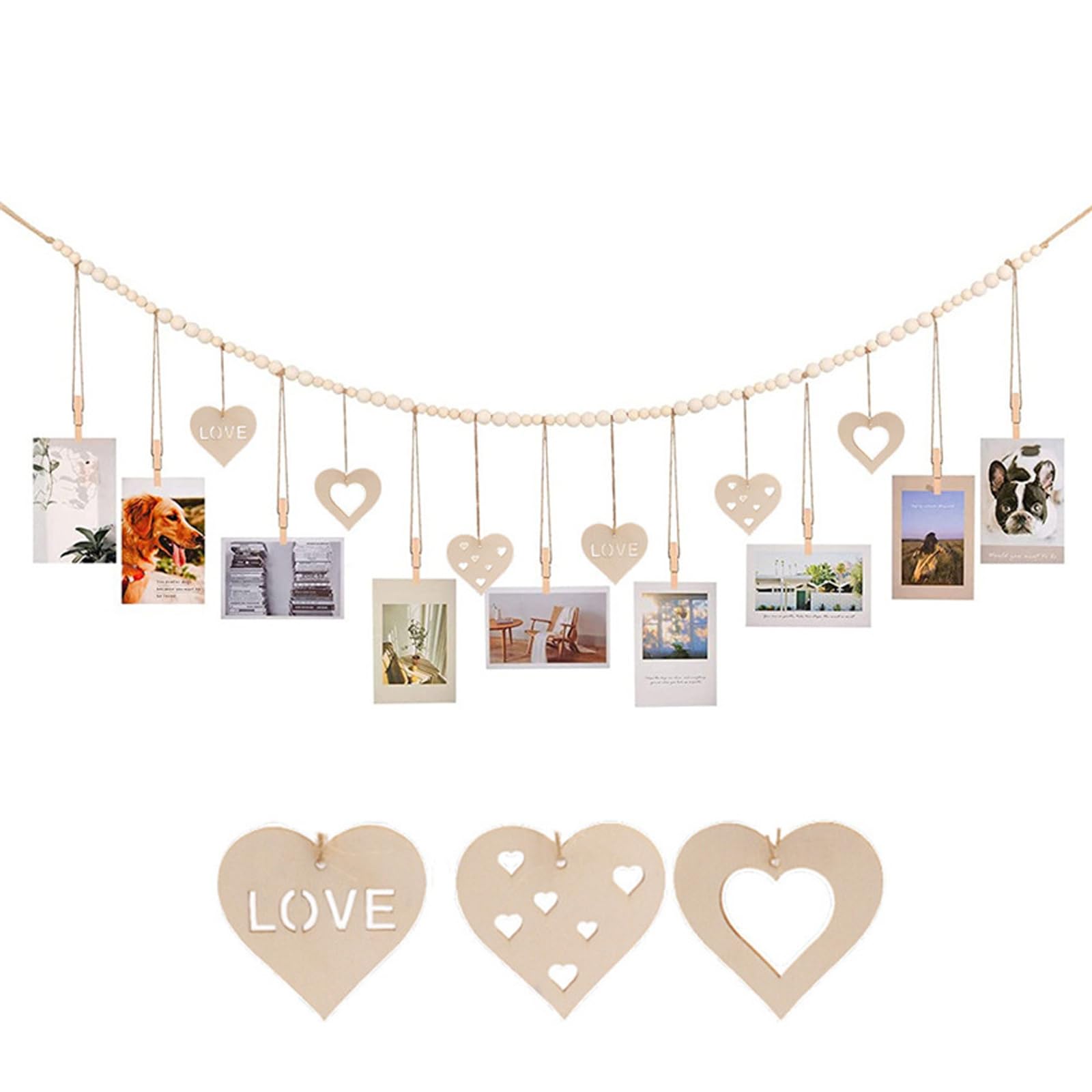 Tsophreniq Hanging Photo Display Wall Decors, Wooden Beads Garland Collage Picture Frame with 9 Wood Clip Photos Holders for Bedroom Wooden Beads Garland Collage Picture Frame