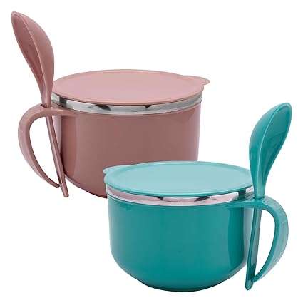 Homestic Noodle & Soup Bowl Set | Steel Noodle Bowl with Spoon | Airtight Bowl for Pasta-Rice | Food Container | Office Bowl | Kitchen Bowl Set | 600 ML | Pack of 2 | Multicolor