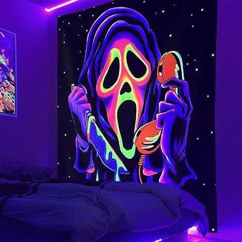 Miniatura 3 de SparkLia Tapiz de calavera de terror con luz negra, tapices reactivos UV para colgar en la pared, tapiz de fondo de fiesta que brilla en la