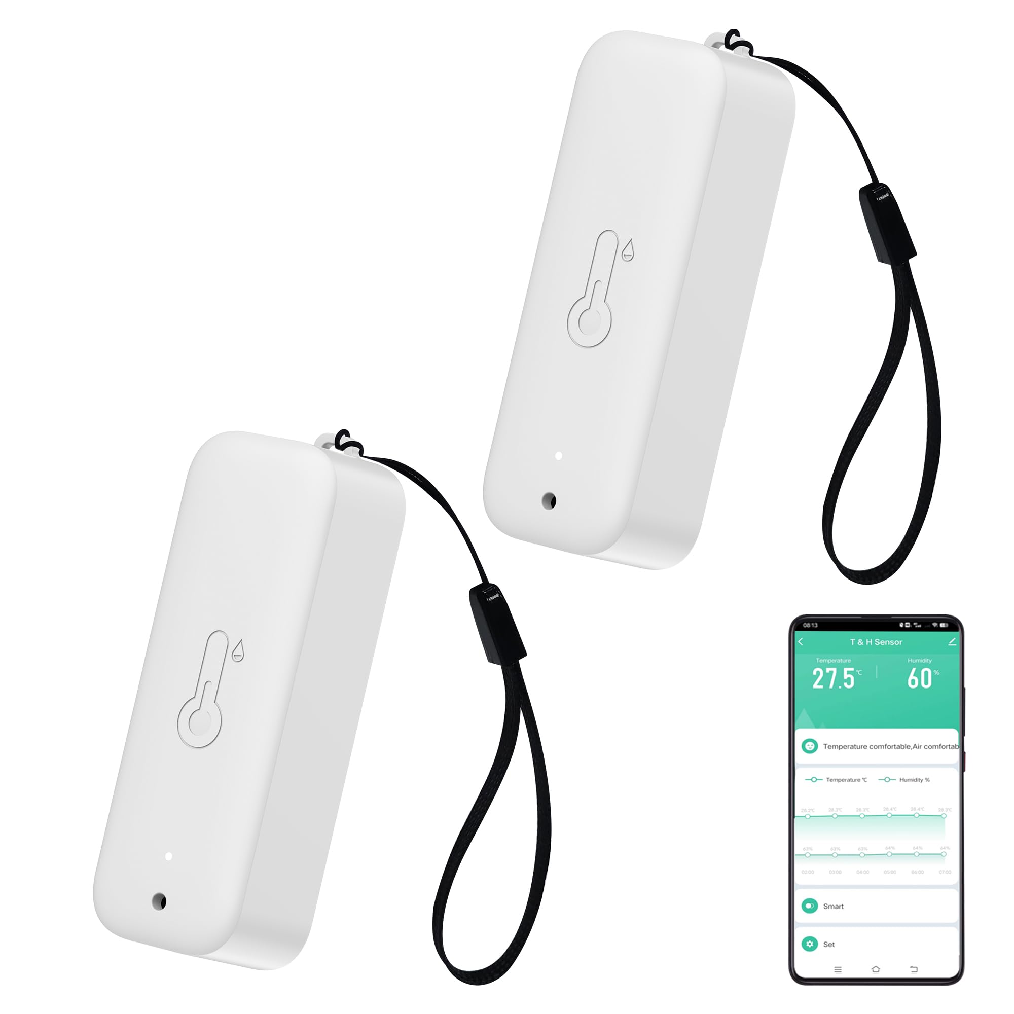 PHOVOLT WiFi-Hygrometer-Thermometer-Sensor – Kabelloser Temperatur- und Feuchtigkeitssensor für den Innen- und Außenbereich mit Remote-App-Benachrichtigung für Gewächshäuser und Häuser Weiß 2pack