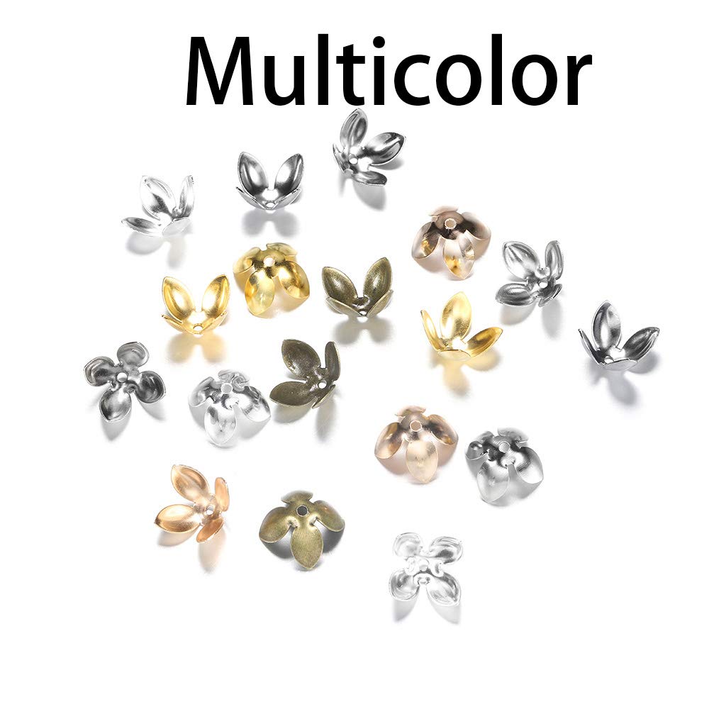 50pc/lot 15 * 8mm Zinc Alloy Gold Plated Metal Flower Bead Caps Findings Four Leaves Bulk End Bead Cap for Jewelry Making Supplies DIY (Multicolor)