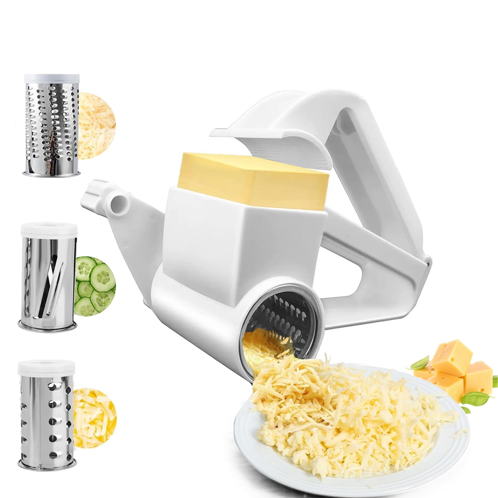 Cheese Grater, Rotary Cheese Grater with Three Grater Barrels, Food Grade Stainless Steel Cheese Grater Rotary, Manual Cheese Grater Suitable for Cheese Cheese Chocolate