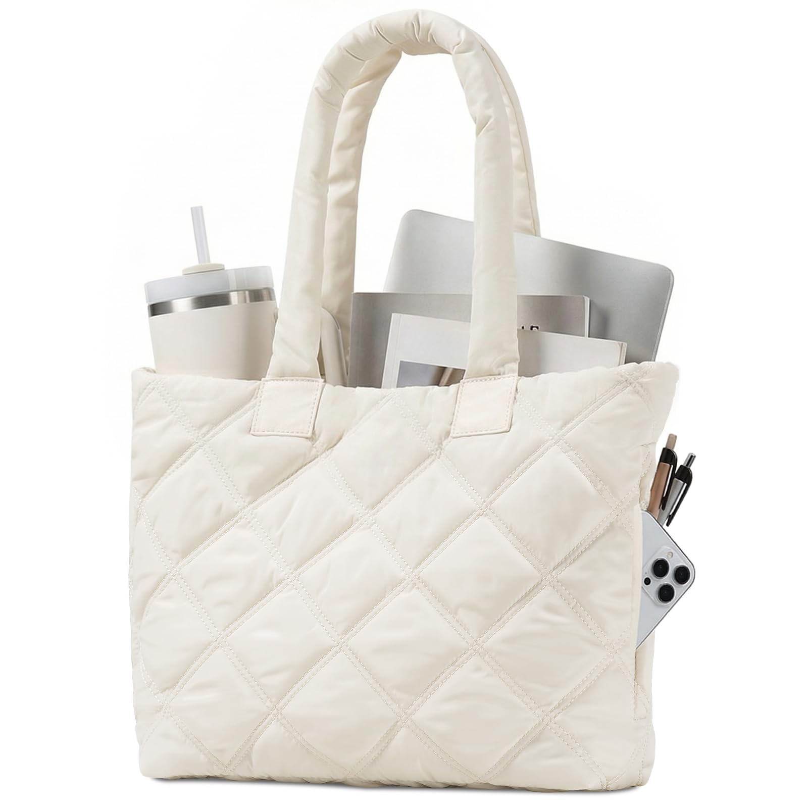Puffer Tote Bag for Women, Quilted Bag with Zipper, Small Tote HandBags for Work, Travel