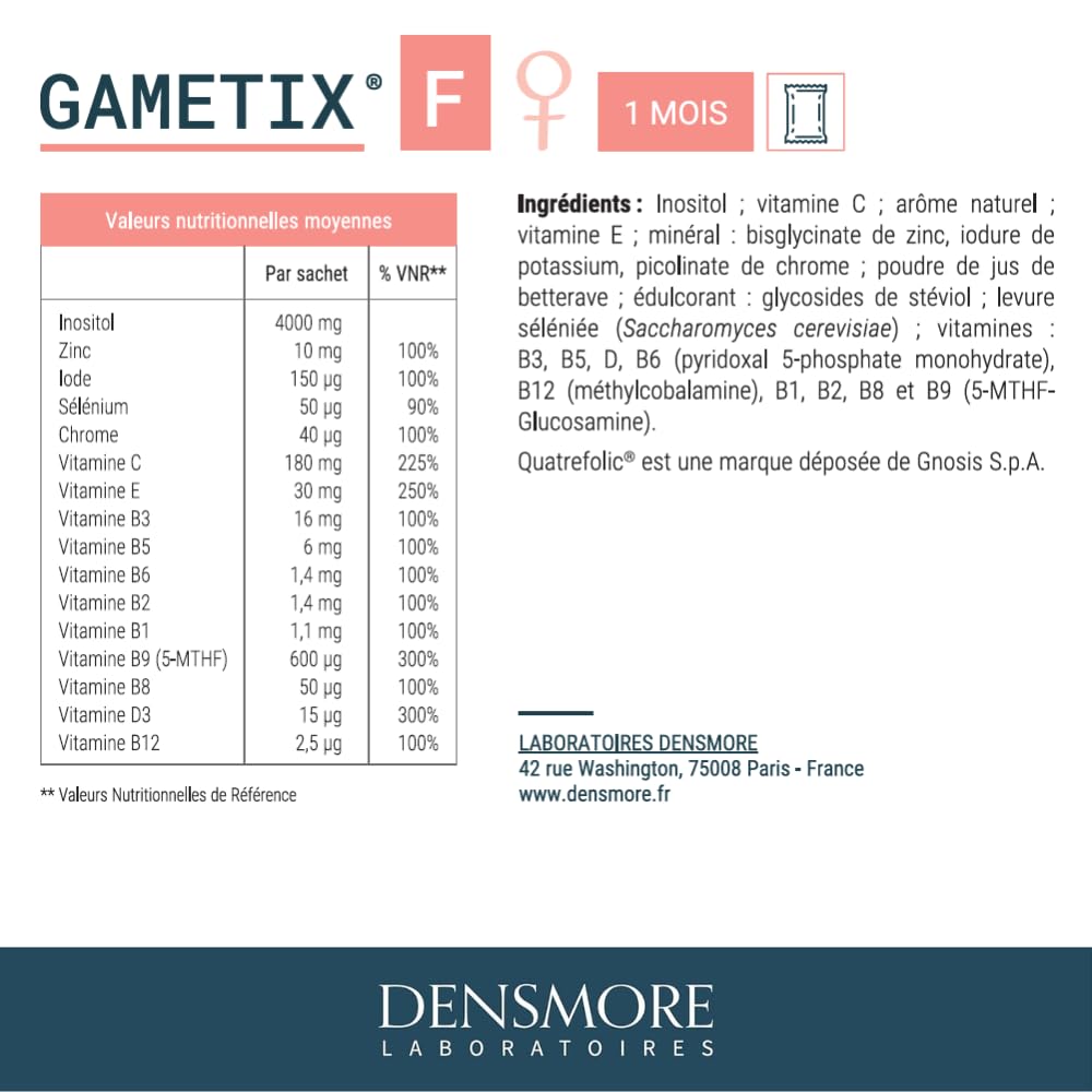 Densmore - Cure de 3 mois - GAMETIX F - Fertilité femme et Grossesse - Complément Alimentaire à base Vitamines et Minéraux, Myo-Inositol, Acide Folique - 90 sachets - Fabriqué en France