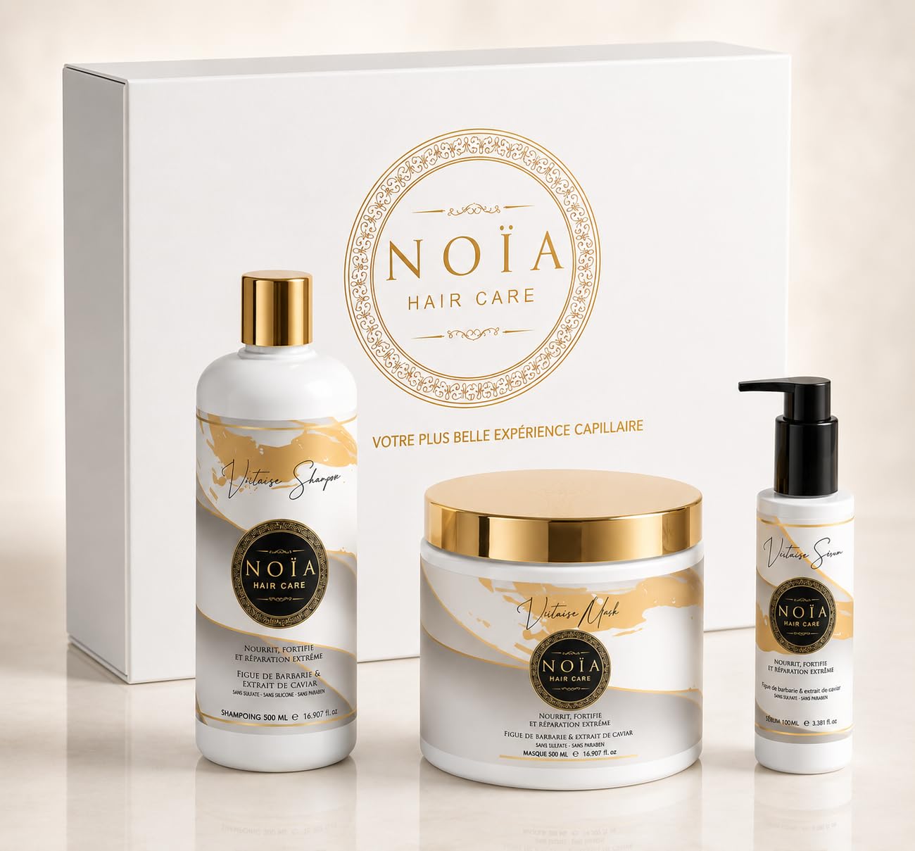 NOIA HAIR – Trio capillare professionale VIRTUOSE – Shampoo 500 ml + Maschera 500 ml + Siero 100 ml – Nutrizione & Brillanza – Fico d'Barbaria & Caviale – Capelli secchi o Indisciplinati
