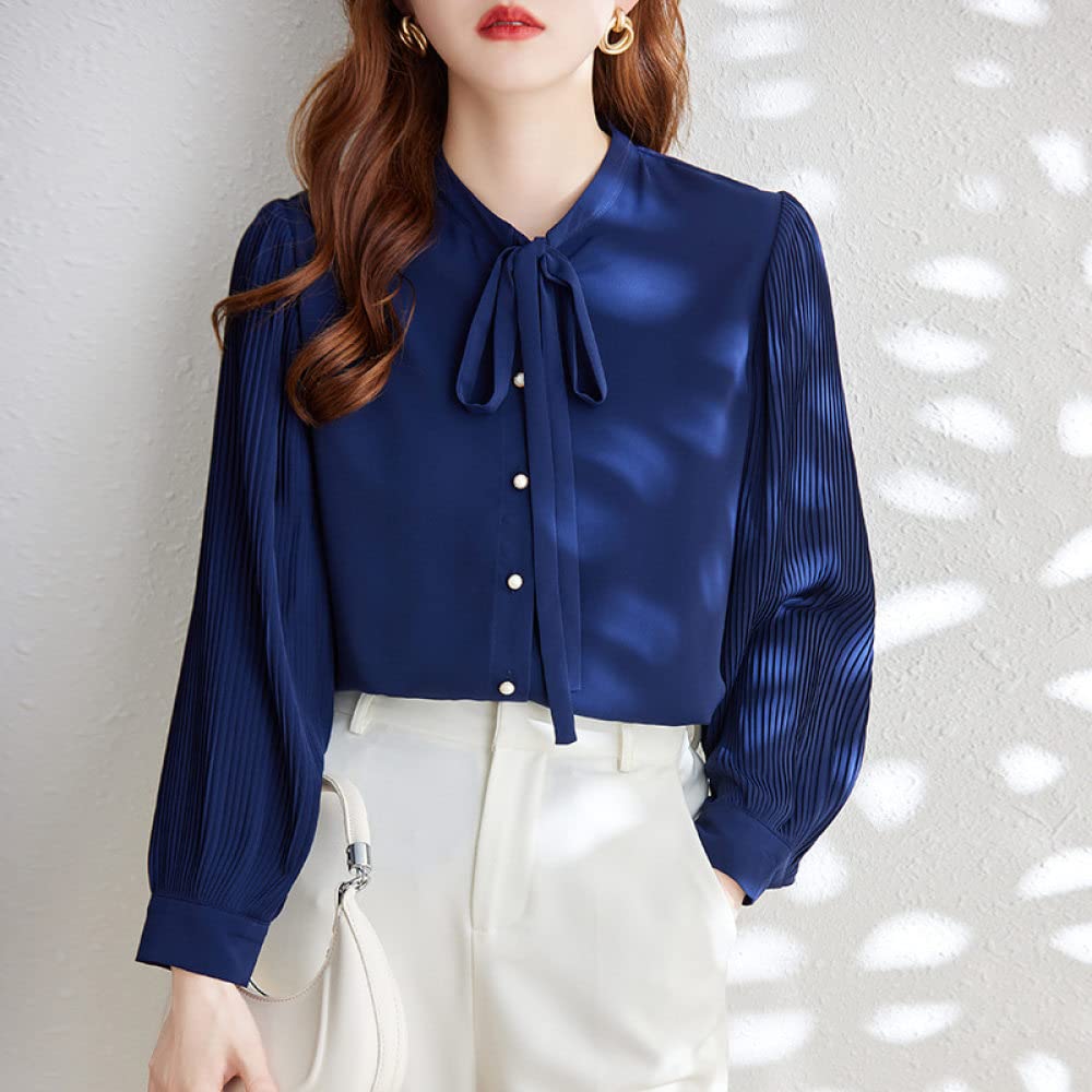 MIDJ Lockeres Damenhemd,Damen Elegante Fliege Hals Solidd Tops Shirt Blau Satin Tunika Shirt Falten Langarm Chiffon Bluse Shirt Lässige Büro Business Bluse Für Mädchen Damen