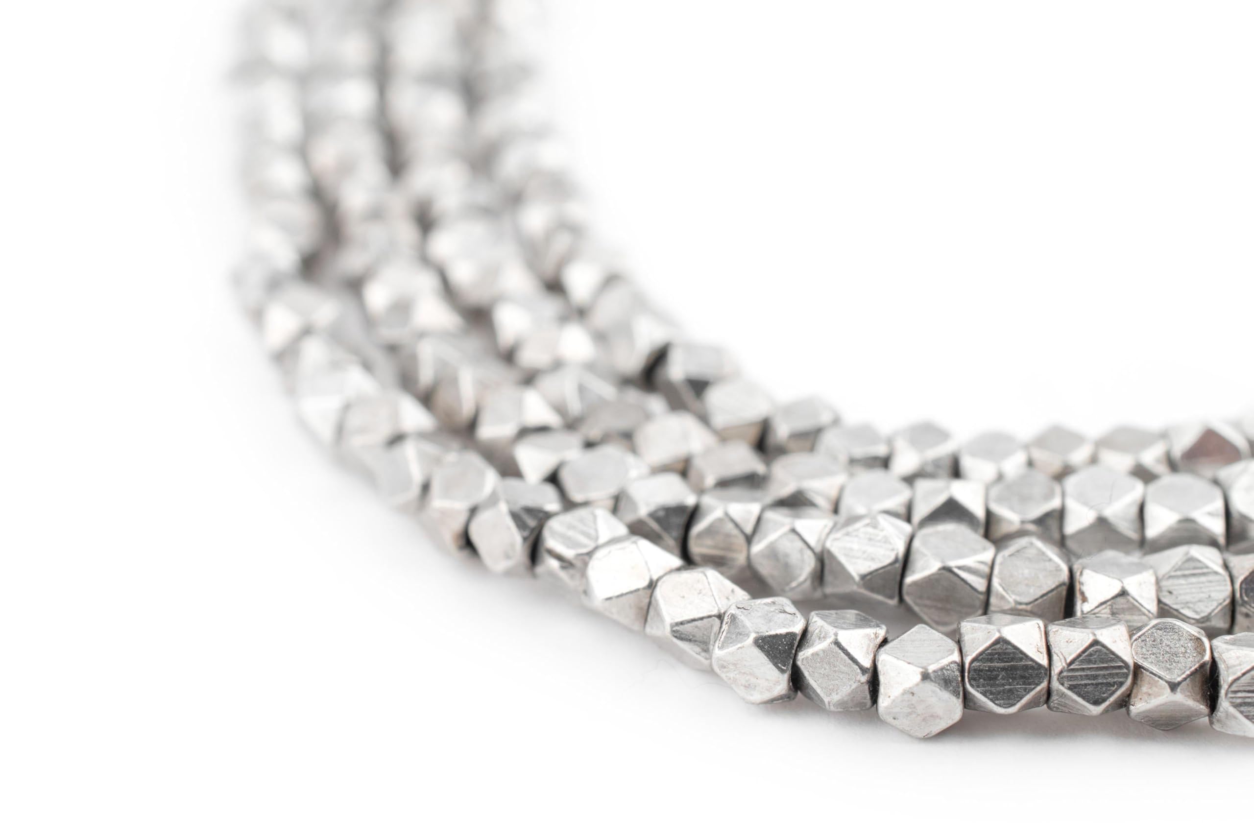 The Bead Chest Cornerless Cube Beads - Full Strand of Faceted Ethnic Metal Spacers (3mm, Silver)