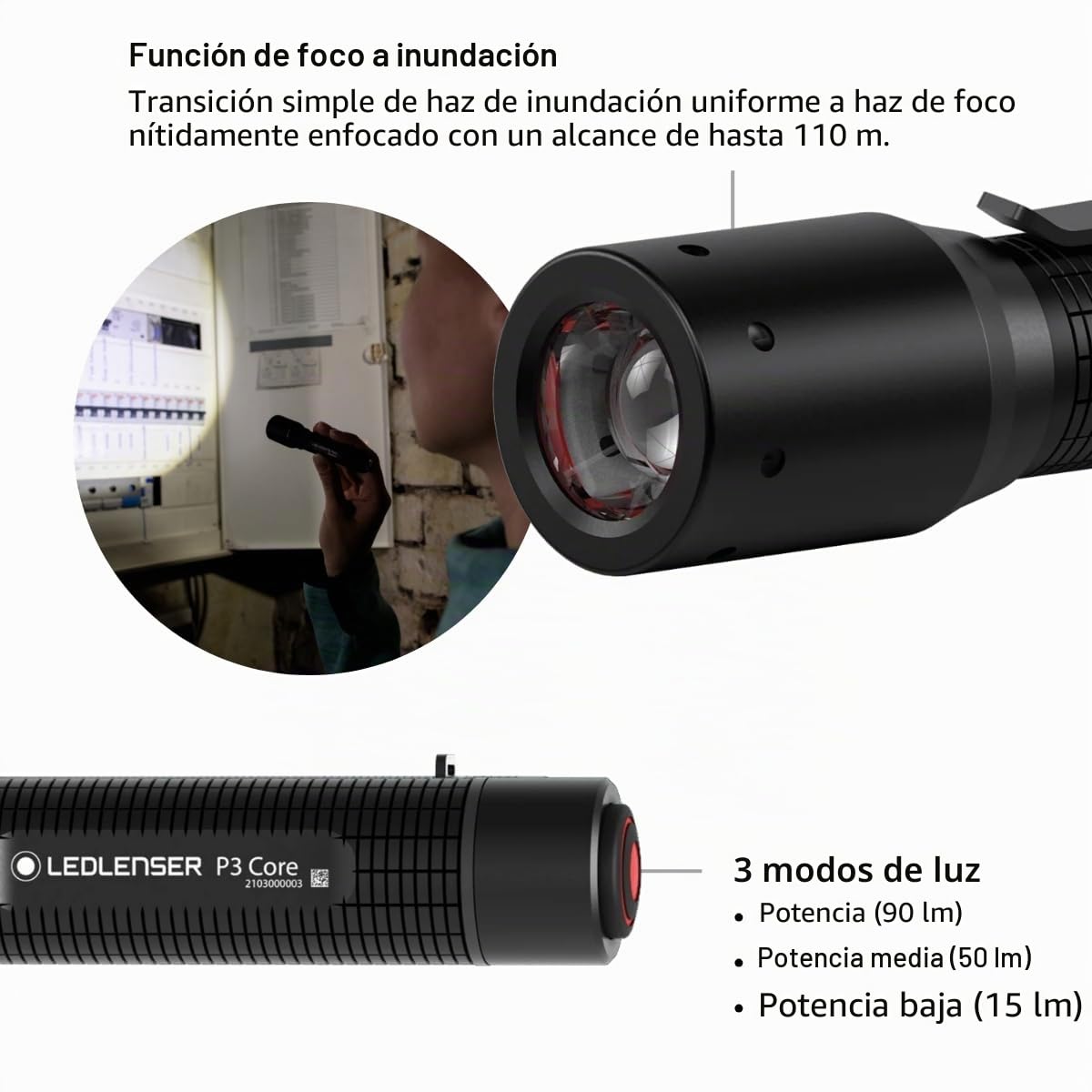 Ledlenser P3 Core Mini Linterna LED, 90lm, Pila AAA, Alcance 110m, Ligera | 42g, hasta 6h de autonomía, enfoque ajustable, linterna llavero, IP54, ideal para paseos nocturnos y camping | 2020